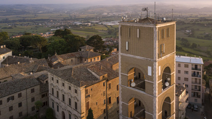 Detail of the bell tower of the Cathedral of San Leopardo, main church of Osimo, located on the highest hill of the city, called Gòmero. Of Romanesque-gothic style in white stone, it is found in Italy