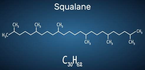 Poster - Squalane molecule. It is used in cosmetics as emollient and moisturizer Structural chemical formula and molecule model on the dark blue background