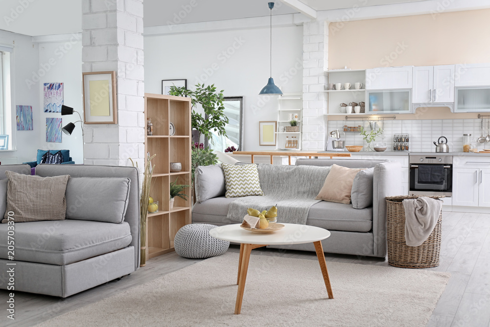 Stylish apartment interior with modern kitchen. Idea for home design ...