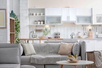 Poster - stylish apartment interior with modern kitchen. idea for home design
