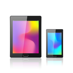 Aufkleber - Modern digital tablet PC with mobile smartphone isolated on the white. Abstract fluid 3d shapes vector trendy liquid colors backgrounds. Colored fluid graphic composition.