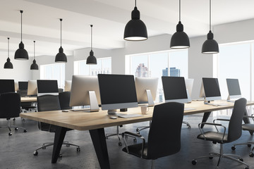 Poster - Coworking interior, long table with computers side
