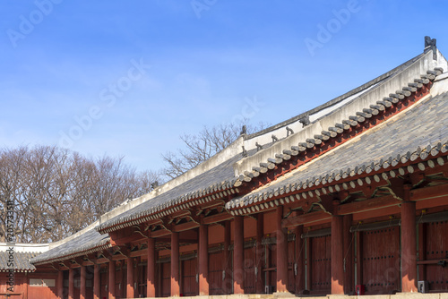 Plakat Jongmyo Shrine jest konfucjańskim sanktuarium i tablicami duchów królów i królowych starożytnego Koreańczyka (światowego dziedzictwa UNESCO) ze zwycięzcą tła błękitnego nieba, w Seulu, w Korei Południowej.