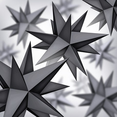 Poster - Volume polyhedron black stars, 3d blurred objects, geometry shapes, mesh version, dark origami crystals, abstract vector elements background