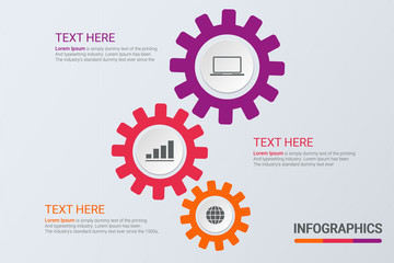 Poster - Three steps infographics. Workflow strategy or team work. Business cogs template with options for brochure, diagram, workflow, timeline, web design