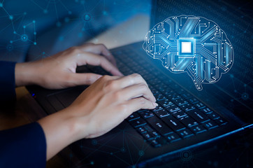 Poster - concept of thinking.background with brain CPU Mind series technology symbols  subject of computer science, artificial
