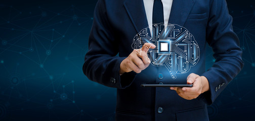 Poster - concept of thinking.background with brain CPU Mind series technology symbols  subject of computer science, artificial