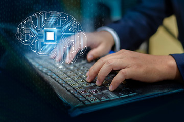 Poster - concept of thinking.background with brain CPU Mind series technology symbols  subject of computer science, artificial