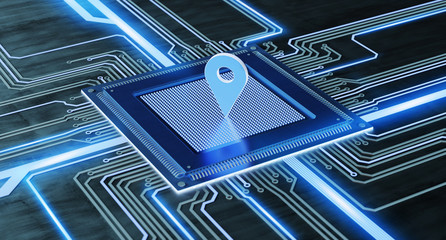 Poster - CPU processor chip and network connection on a circuit board - 3d render