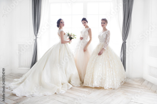 Fotografie, Obraz Young woman with bouquets wearing wedding dresses