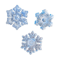 Two snowflakes isolated on black background. Macro photo of real snow crystals: small star plates with glossy relief surface, simple shapes, large central hexagons and complex inner patterns.