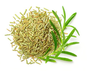 Wall Mural - dried rosemary leaves with fresh rosemary isolated on white, top view