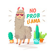 Cool alpaca lettering quote with No prob llama. Funny wildlife animal, lama quotes vector concept