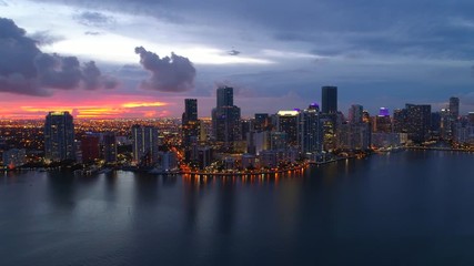 Wall Mural - Aerial far shot city lights at night Miami Brickell