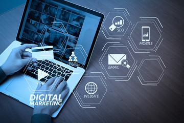 Poster - top view of hands using laptop and holding credit card with social media diagram as Online shopping concept