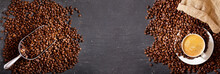 Cup Of Coffee And Coffee Beans In A Sack, Top View