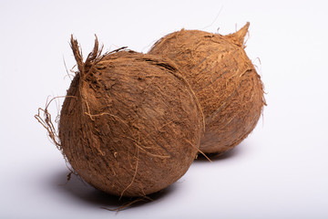 Two big brown whole coconuts close up copy space isolated on white background