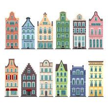 Set Of 12 Amsterdam Old Houses Cartoon Facades. Traditional Architecture Of Netherlands. Colorful Flat Isolated Illustrations In The Dutch Style.