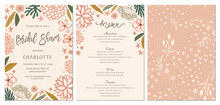 Rustic Hand Drawn Bridal Shower Invitation And Menu With Seamless Background. 