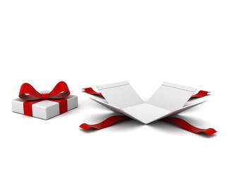Poster - Open gift box present box with red ribbon and bow isolated on white background with shadow . 3D rendering.