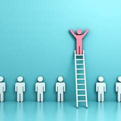 Fototapete - Stand out from the crowd and think different concepts , One pink man standing with arms wide open on top of  ladder above other people on light blue pastel background with reflections . 3D rendering.