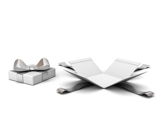 Poster - Open gift box , Present box with silver ribbon and bow isolated on white background with shadow . 3D rendering.