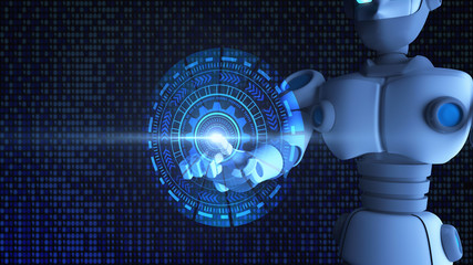 Poster - Robot finger touching HUD graphic, artificial intelligence in futuristic technology concept, 3d illustration