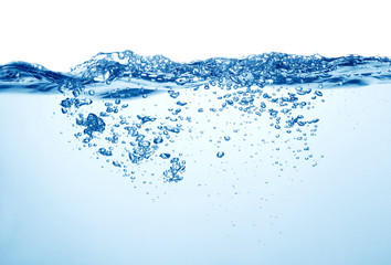  blue water with splashes and air bubbles on white background