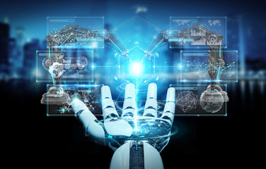 Poster - white robot hand using robotics arms with digital screen 3d rendering
