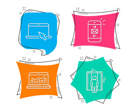 Set of Mail, Web analytics and Portable computer icons. Elevator sign. Smartphone communication, Statistics, Notebook device. Lift.  Flat geometric colored tags. Vivid banners. Trendy graphic design