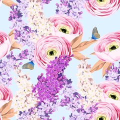 Sticker - Seamless pattern with ranunculus and lilac