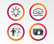 © blankstock - Presentation billboard, brainstorm icons. Cash money and lamp idea signs. Man standing with pointer. Scheme and Diagram symbol. Infographic design buttons. Circle templates. Vector