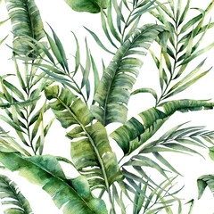 watercolor tropical seamless pattern with coconut and banana palm leaves. hand painted greenery exot