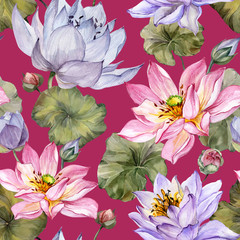 Beautiful floral seamless pattern. Large pink and purple lotus flowers with leaves on white  background. Hand drawn illustration. Watercolor painting.