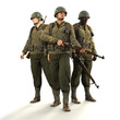 Portrait of a squad of uniformed world war 2 American combat soldiers on an isolated white background. 3d rendering