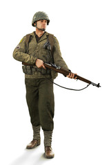 Portrait of a uniformed male world war 2 combat soldier on an isolated white background. 3d rendering