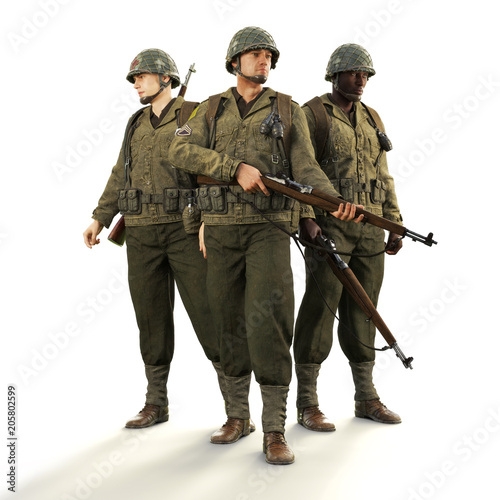 Cuadros en Lienzo Portrait of a squad of uniformed world war 2 American combat soldiers on an isolated white background