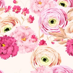 Poster - Seamless pattern with eustoma and ranunculus