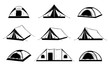 Vector black and white camping tent icons