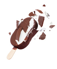 Wall Mural - Chocolate ice-cream broken into pieces in the air on a white background