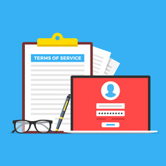 Poster - Terms of service. Clipboard with terms of service document, glasses, pen and laptop with registration page. Flat design. Vector illustration
