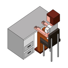 Sticker - male isometric sitting on chair at desk view back vector illustration