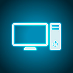 Poster - Personal computer, pc. System unit and monitor. Neon style. Light decoration icon. Bright electric symbol
