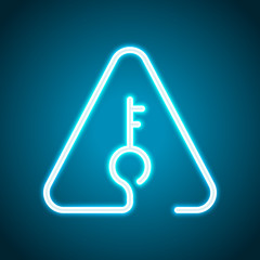 Poster - Key in warning triangle. Linear icon with thin outline. One line style. Neon style. Light decoration icon. Bright electric symbol