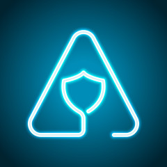 Poster - Shield in warning triangle. Problem with protect. Linear icon with thin outline. One line style. Neon style. Light decoration icon. Bright electric symbol