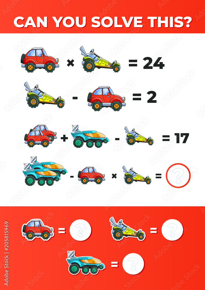 System of equations with Cars. A math game for kids. Stock Vector ...