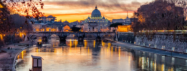 st. peter's cathedral at sunset in rome, italy
