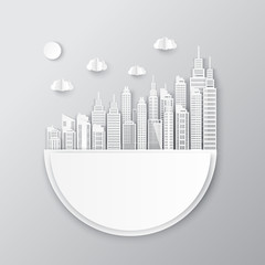 Sticker - White paper skyscrapers. Achitectural building in panoramic view. Modern city skyline building industrial paper art landscape skyscraper offices. Vector Illustration