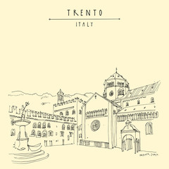 Wall Mural - Trento, Italy. Cathedral Squar and the Fountain of Neptune. Hand drawn vintage touristic postcard