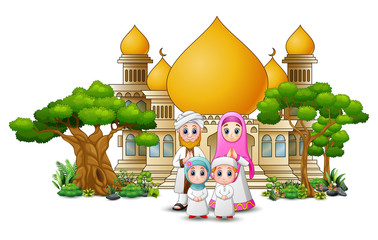 Wall Mural - Happy Muslim Family in front of a mosque